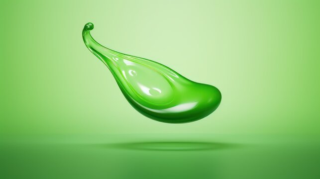 Green water droplet in the shape of a leaf on a light green background