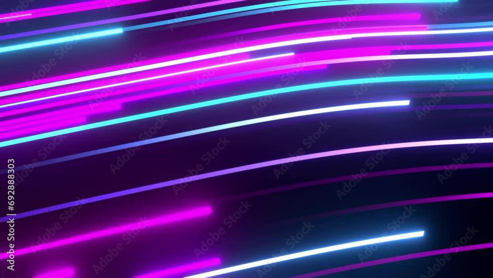 Wall mural cycled 3d animation. abstract background with ascending colorful neon lines, glowing trails looped a