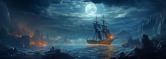 Unsettling Haunted Pirate Ships on Styled Midnight Blue Ocean Breaks . - obrazy, fototapety, plakaty