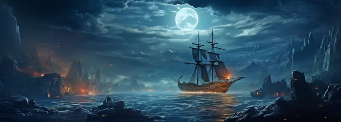 Unsettling Haunted Pirate Ships on Styled Midnight Blue Ocean Breaks .