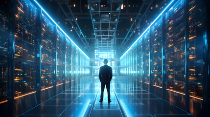 Futuristic 3D Concept- Big Data Center Chief Technology Officer Using Laptop Standing In Warehouse, Information Digitalization Lines Streaming Through Servers. generative AI.