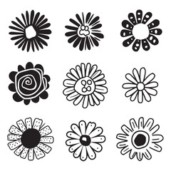 Hand drawn black vector flower set. Silhouettes flowers set. Vector doodles flower illustration.