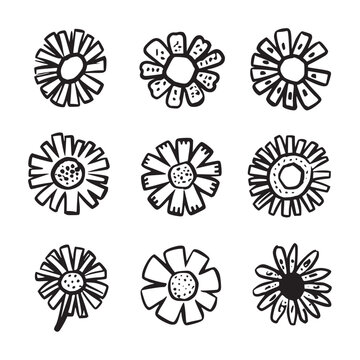 Hand drawn black vector flower set. Silhouettes flowers set. Vector doodles flower illustration.