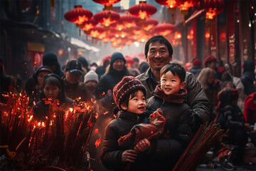 Fototapeta premium Chinese people are celebrating the Spring Festival, and the red-hot atmosphere permeates the streets and lanes, backlight