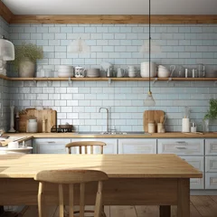 Fotobehang kitchen pantry design in country theme style house decorate fine detail interior space creative home decoration closeup in blue bright tone wall accent color material scheme © VERTEX SPACE