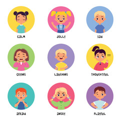 Kids Emotion with Boy and Girl Character in Round Shape Show Face Expression Vector Set