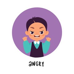 Kid Emotion with Angry Boy Character in Round Shape Show Face Expression Vector Illustration