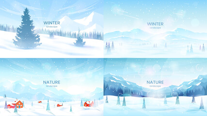 Mountain winter landscapes. Mountain ranges and coniferous forest, fir trees in snowdrifts, clear blue sky, sunny day. The concept of tourism, active recreation in winter, hiking. Vector illustration.