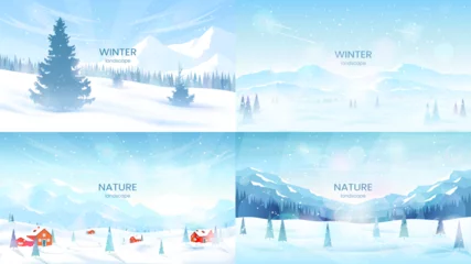 Tuinposter Mountain winter landscapes. Mountain ranges and coniferous forest, fir trees in snowdrifts, clear blue sky, sunny day. The concept of tourism, active recreation in winter, hiking. Vector illustration. © i_mARTy