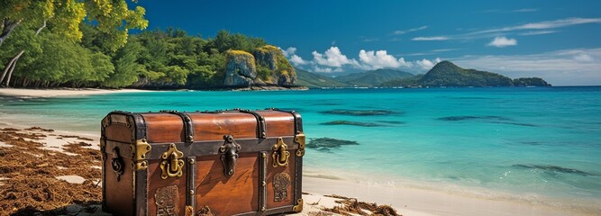 A Pirate's Treasure Chest and a Sun-Kissed Tropical Beach . - Powered by Adobe