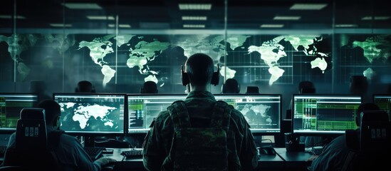 Military personnel, computer experts in office monitoring cybersecurity and control room, Army collaboration on database research. - obrazy, fototapety, plakaty