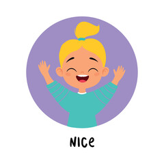 Kid Emotion with Nice Girl Character in Round Shape Show Face Expression Vector Illustration
