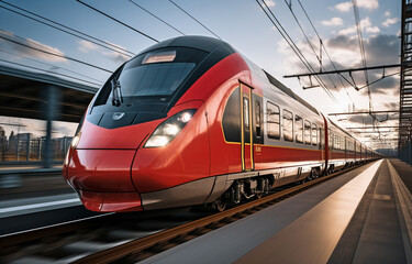 Fototapeta premium Stunning motion blur captured of a vibrant crimson express train on tracks.