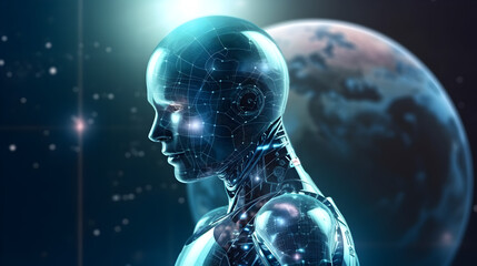 Robot ai artificial intelligence with earth,world technology security system and business industry concepts. generative AI.