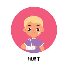 Kid Emotion with Hurt Boy Character with Bandaged Arm in Round Shape Show Face Expression Vector Illustration