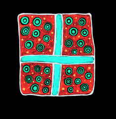 Uneven colored square isolated on black background. Gift box. Tied with blue ribbon. Red box. Covered with different patterns. The turquoise and black circles and yellow dots different sizes. Doodle.