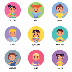 Kids Emotion with Boy and Girl Character in Round Shape Show Face Expression Vector Set