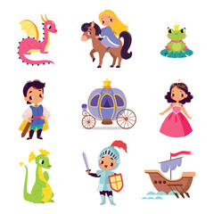 Fairy Tales Character with Dragon, Frog, Knight, Princess, Carriage and Boat Vector Set