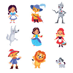 Fairy Tales Character with Robot, Cat in Boots, Red Riding Hood, Snow White, Lion, Puppy and Scarecrow Vector Set