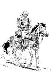 cowboy, illustration, horse, sketch, drawing, comics, black and white, ink, animal, riding,vector,wild west,westworld
