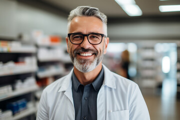 Fototapeta premium A modern pharmacy with a friendly pharmacist helping customers find the right medications and healthcare products.