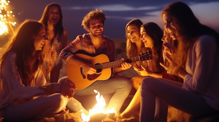 A group of young people have fun sitting by the fire on the beach at night, playing guitar and singing. - obrazy, fototapety, plakaty