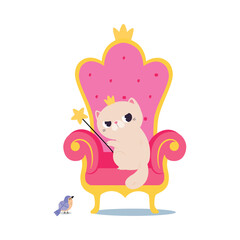 Cat in Crown on Throne with Magic Wand as Fairy Tale Character Vector Illustration
