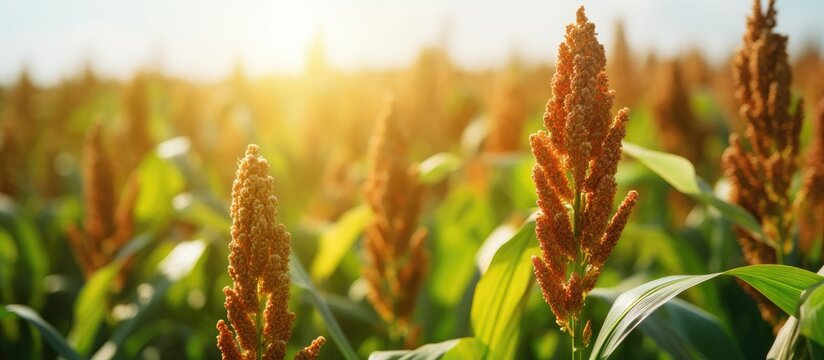 Sustainable energy and growing food from sorghum plants. Sorghum field with nutritious seeds.