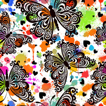 Seamless pattern black beautiful butterflies on a colored background of blots. hand drawing. Not AI, Vector illustration
