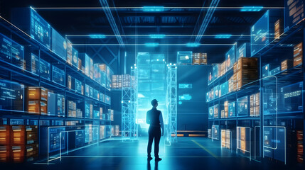 stock clerk or warehouse clerk with smart system virtualization for quality control work. generative AI.