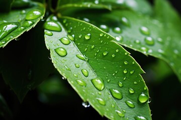 Macro shot of water droplets on a green leaf after a refreshing rain, nature's details