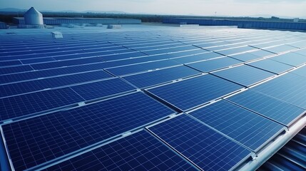 Renewable Energy: Aerial Shot of Blue Photovoltaic Solar Panels on Industrial Roof Generating Clean Electricity - Eco-Friendly Power Concept"