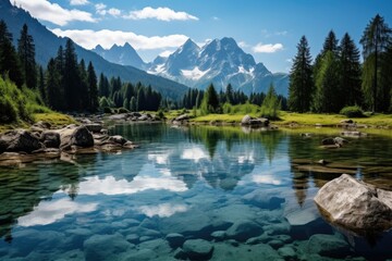 Mesmerizing landscape with a serene lake reflecting a mountainous backdrop, natural tranquility