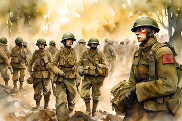 watercolor painting of a group of world war I or II soldiers - obrazy, fototapety, plakaty
