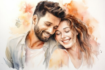 Young, couple and watercolour portrait illustration on a white background for drawing, happiness and contentment. Happy, beautiful and colourful sketch for valentines gift and card design artwork