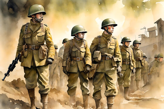 watercolor painting of a group of world war I or II soldiers