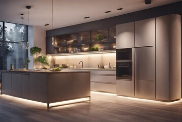 Modern house interior. Kitchen behind glass partitions. Night. Evening lighting. 3D rendering.