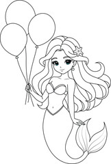 Hand-drawn illustration of kawaii mermaid princess with birthday balloons coloring page for kids and adults. Mermaid colouring book