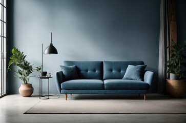 minimalist studio apartment boasts a modern living room with a blue sofa against a concrete wall, showcasing the Scandinavian loft home interior design