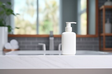 Fototapeta na wymiar Soap dispenser with shampoo and towel on defocused bathroom background