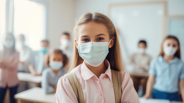 schoolgirl in medical mask near blurred african american boy in classroom