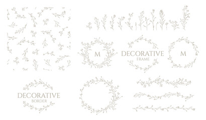 Set of floral frames, monograms and borders. Seamless pattern. Hand drawn herb.