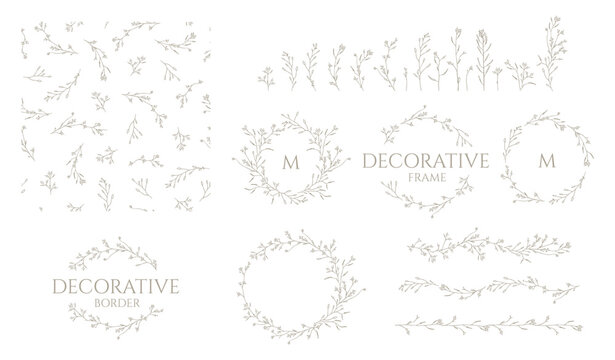 Set of floral frames, monograms and borders. Seamless pattern. Hand drawn herb.