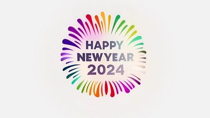 Cinemagraph of happy new year 2024 text in grey with ring of colourful splashes on white background - Powered by Adobe