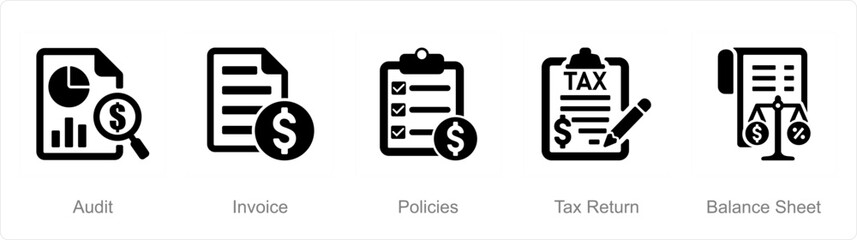 A set of 5 accounting icons as audit, income, policies