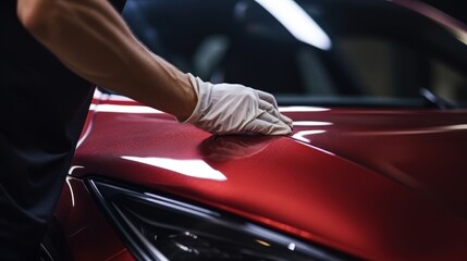 Male hand holding red microfiber cloth and polishing car taillights A man is cleaning and maintaining a luxury car.