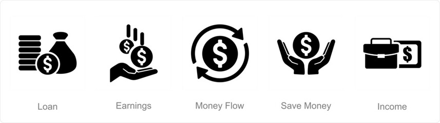 A set of 5 accounting icons as loan, earnings, money flow