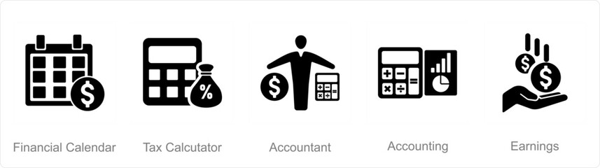 A set of 5 accounting icons as financial calendar, tax calculator, accountant