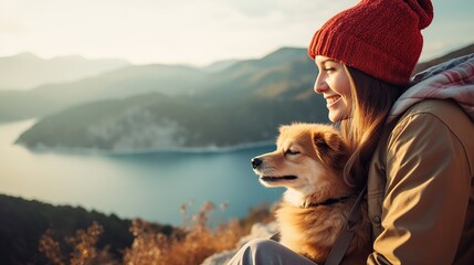 A young woman smiles with her cheerful canine companion, their long hair intertwined as they share a moment of friendship and positive emotion. - obrazy, fototapety, plakaty