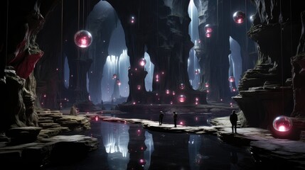 a futuristic cave full of lights and glowing balls